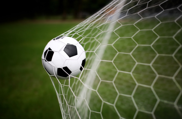 A football ball caught in the net of the goal.