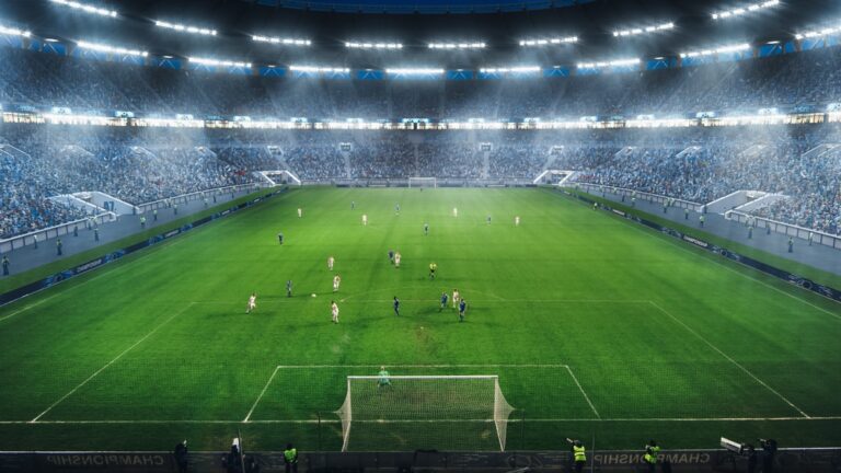 High,Angle,Shot,Behind,Galkeeper,Gates:,Stadium,With,Soccer,Championship