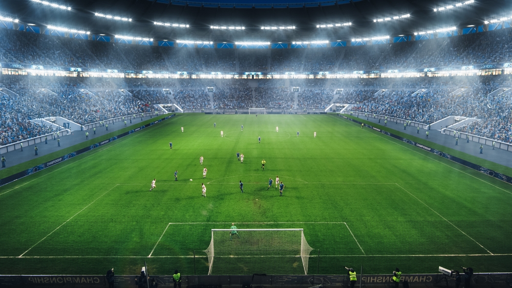 High,Angle,Shot,Behind,Galkeeper,Gates:,Stadium,With,Soccer,Championship